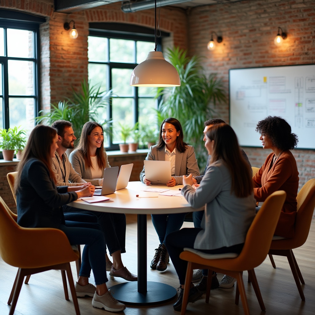 Diverse group of entrepreneurs learning together in comfortable modern educational space