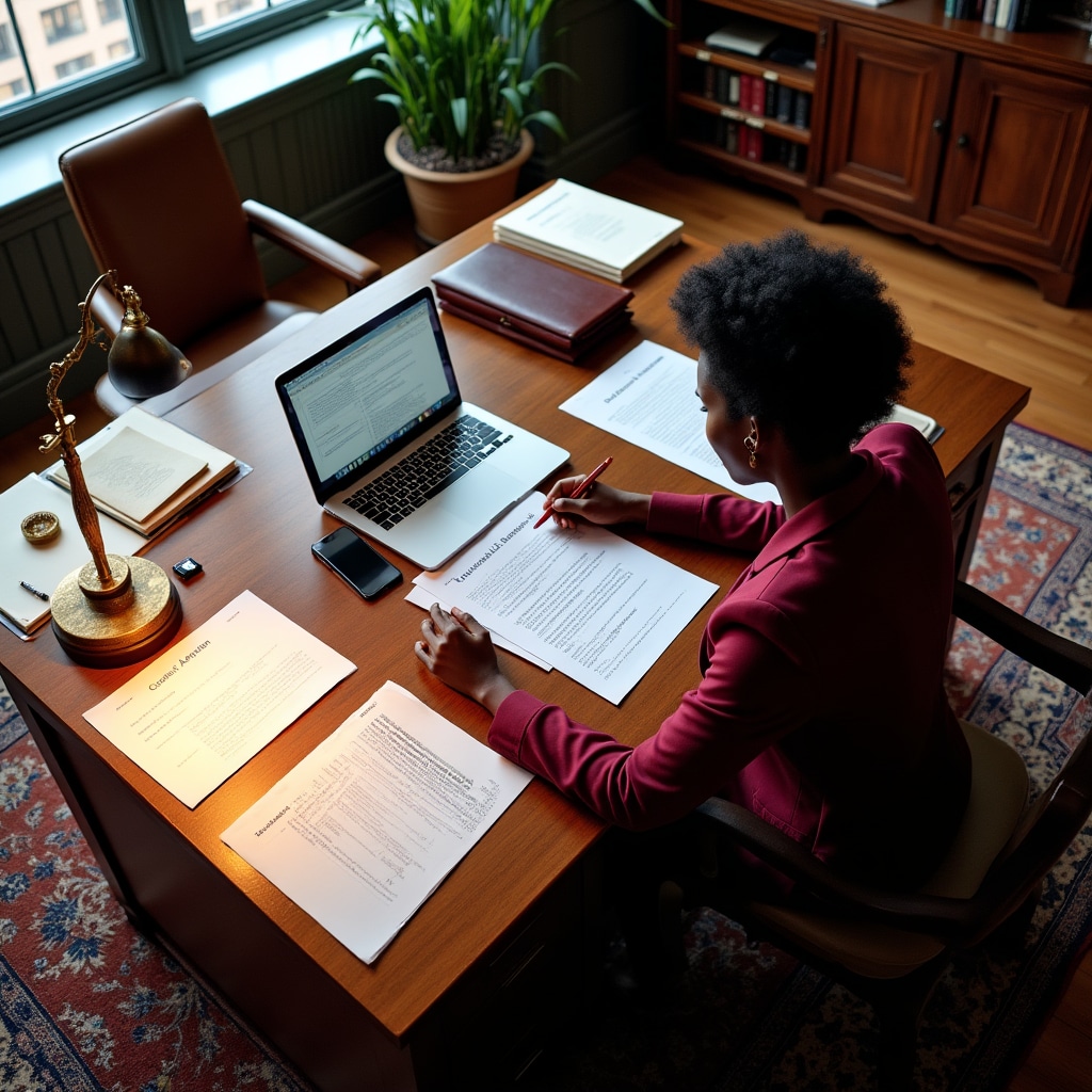 Organized workspace with legal documents, laptop, and professional reviewing startup funding paperwork