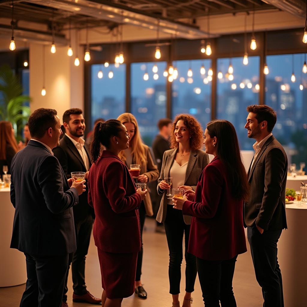 Diverse group of entrepreneurs networking at startup ecosystem event with city skyline background
