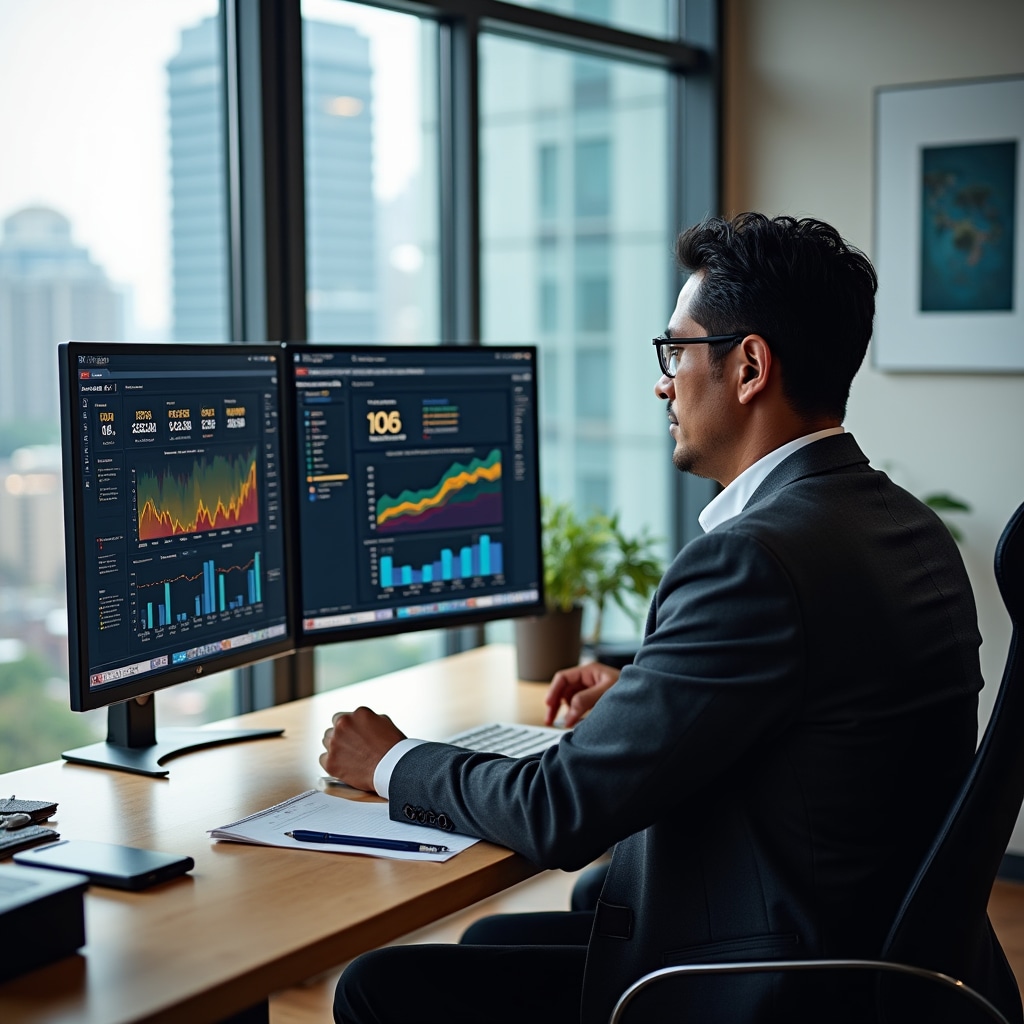 Financial analyst reviewing startup metrics and traction data on computer screens