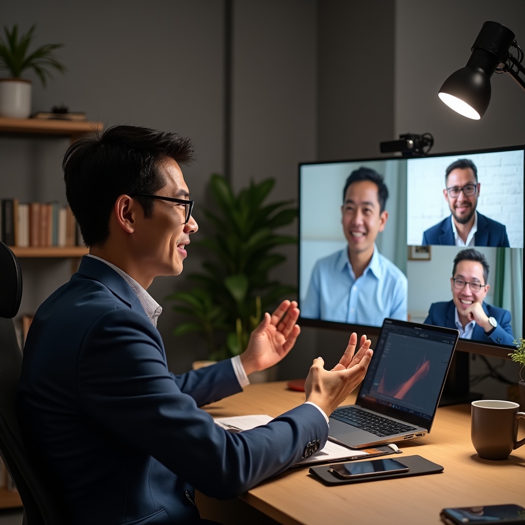 Professional video conference call between startup founder and investors discussing progress updates