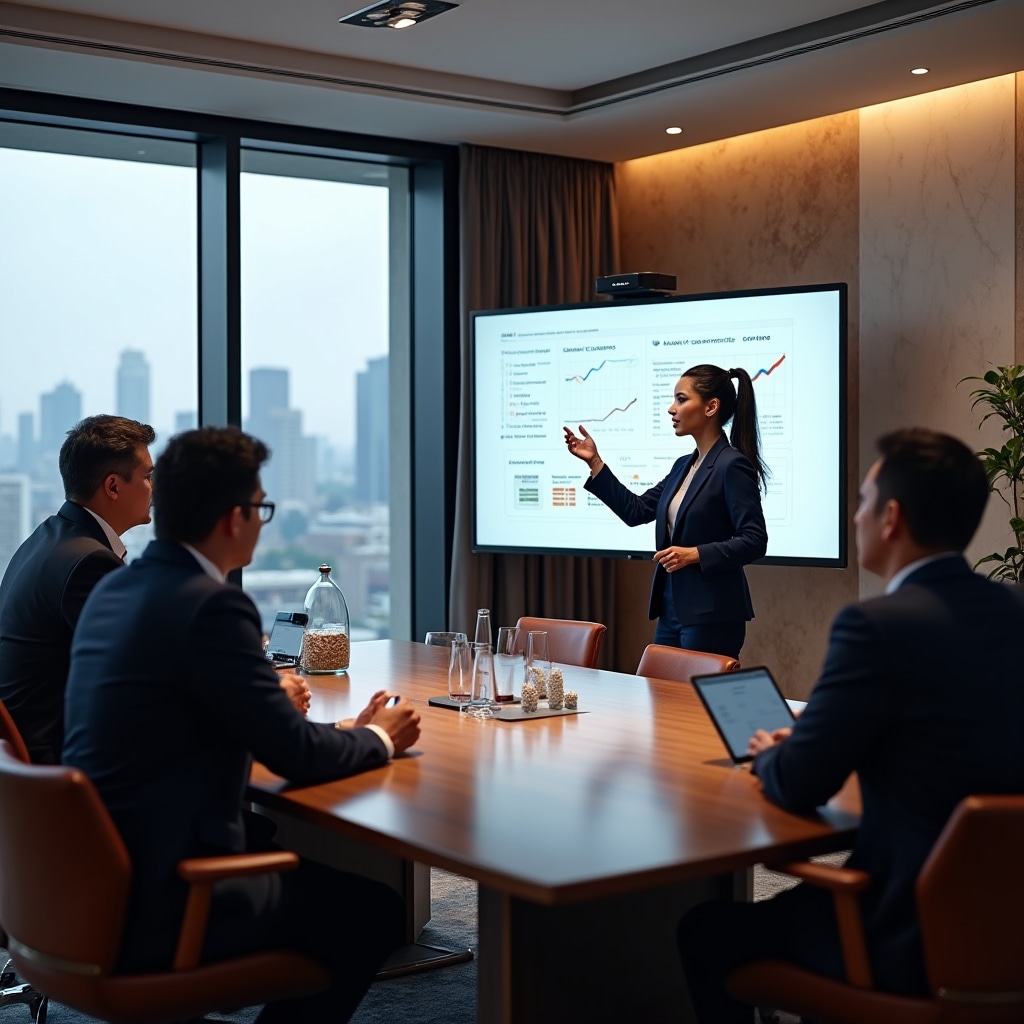 Professional pitch presentation to venture capital investors during Series A funding round