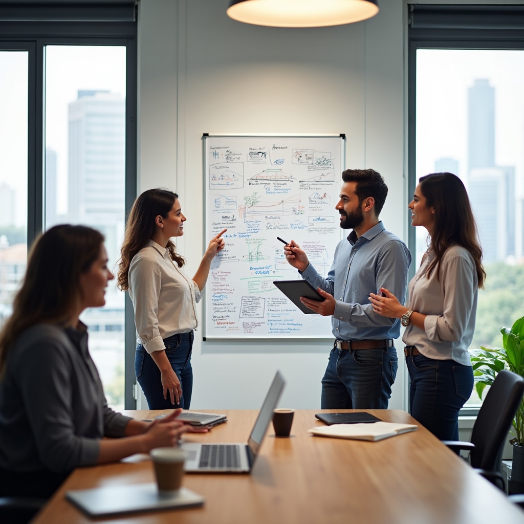 Tech startup team collaborating on business strategy and funding planning