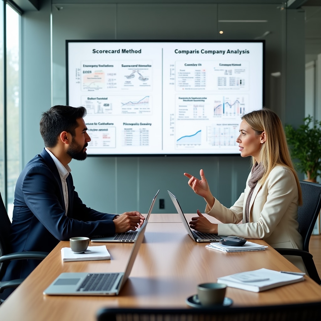 Startup founder and advisor discussing valuation methodologies with financial charts and graphs